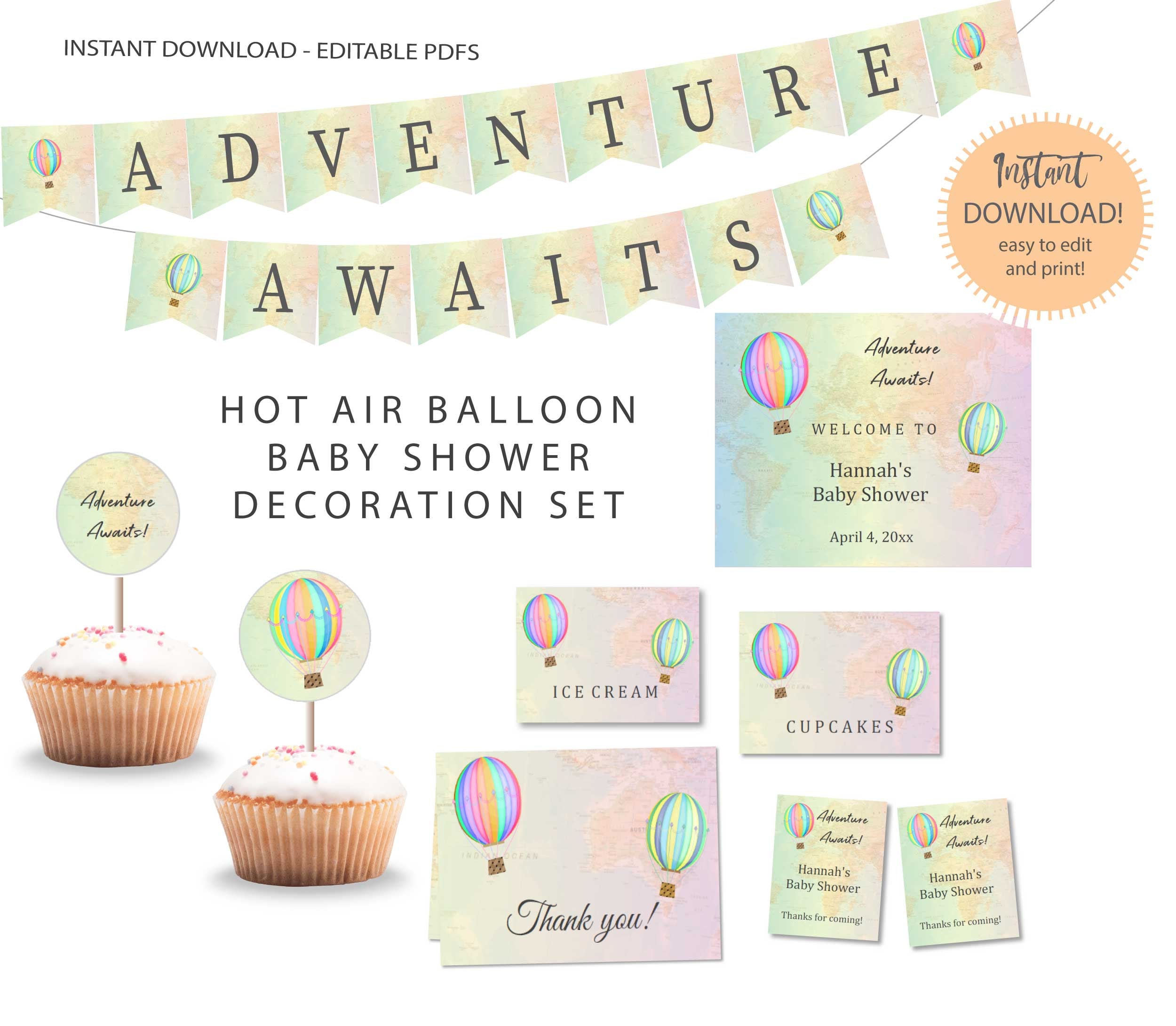 Adventure Awaits Hot Air Balloon Baby Shower Decorations Instant Download Printables Favor tags Banner Thank you Cupcake