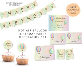 Hot Air Balloon Party Decorations! Instant Download Printables: Favor tags, Banner, Thank you, Cupcake toppers & more!