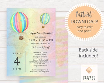 May include: A baby shower invitation with a watercolor background featuring hot air balloons. The invitation includes the text "Adventure Awaits!" and details for the event, including the date, time, location, and RSVP information.