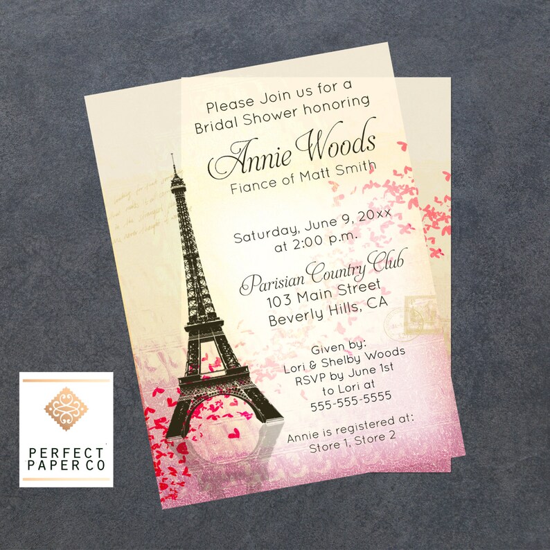 Eiffel Tower Paris Heart Bridal Shower Invitation French Etsy