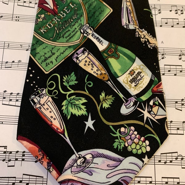 Vintage 1994 Nicole Miller “Korbel” Champagne themed Necktie, Wedding Tie