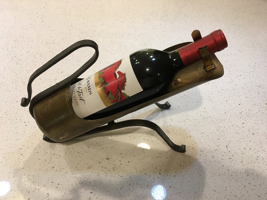Vintage Wine Bottle Holder Rustic Wrought Iron Brass and Etsy