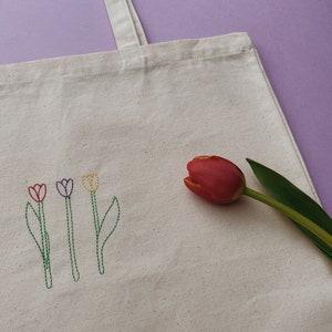 Embroidered Tulip Canvas Tote Bag