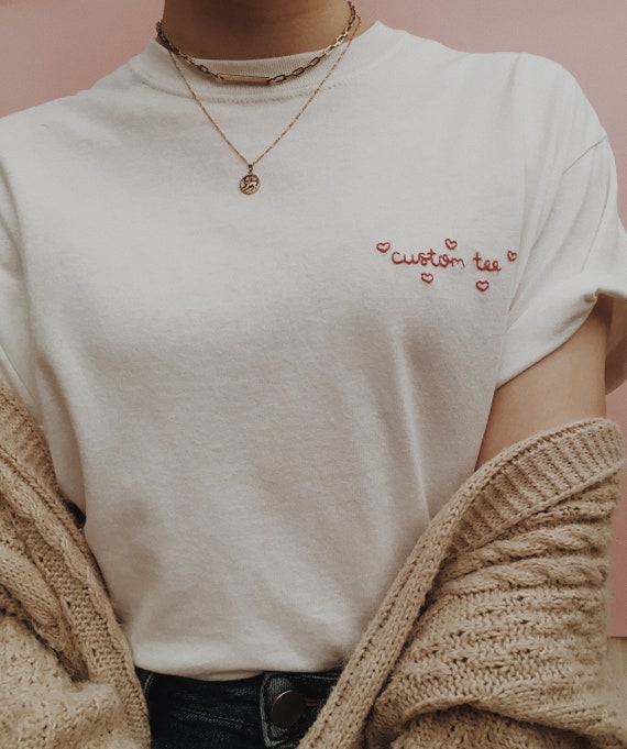 Personalised Hand Embroidered Heart Border T-shirt - Etsy 