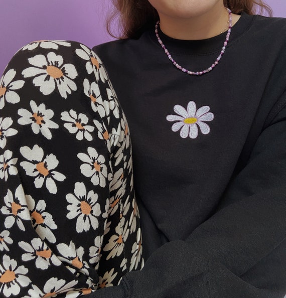 Embroidered Daisy Crew Neck Jumper Etsy Canada