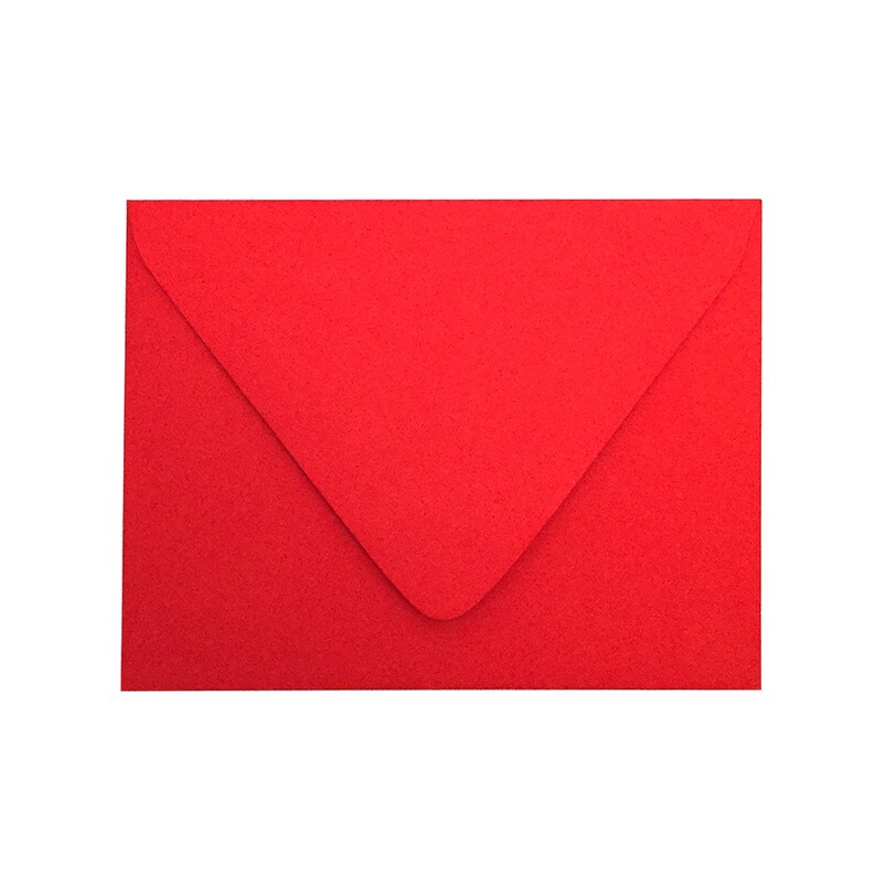 May include: A rectangular envelope in a vibrant, solid red color. The envelope features a classic pointed flap design that is folded down, covering the upper portion of the front face. The paper surface appears to have a subtle, fine texture.