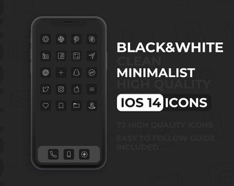 72 iOS 14 Icons Schwarz Weiß | Minimalist Icons iOS 14 | Iphone iOS 14 Black Matte Icon Pack | Schwarz und Weiß