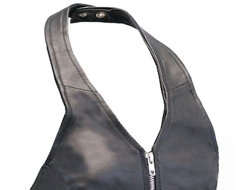 Zip Front Black Leather Halter Vest #LH5231ZK