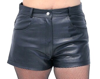 Women's Black Leather Pocket Shorts #SH1118K