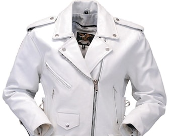 White Leather Motorcycle Jacket W/Side Lace #L6027LW