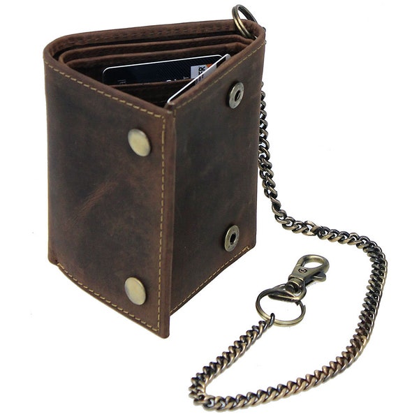 Vintage Brown Genuine Leather Trifold Chain Wallet #WC54379N