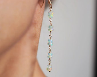 Opal Earrings, 14K Gold Filled 2.6" Genuine Fire Opal Dainty Minimalist Jewelry, Delicate Opal Statement Chandelier Statement Opal Jewelry