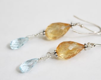 Citrine & Sky Blue Topaz Briolette Earrings, Citrine Earrings, Faceted, Sterling Silver, Sky Blue Topaz Earrings, Delicate Wire Wrap Jewelry