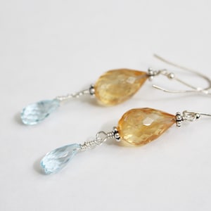 Citrine & Sky Blue Topaz Briolette Earrings, Citrine Earrings, Faceted, Sterling Silver, Sky Blue Topaz Earrings, Delicate Wire Wrap Jewelry