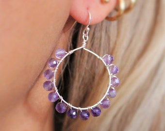 Amethyst Earrings, 28mm Wire Wrapped Amethyst Gemstone Hoops, Delicate Statement Earrings, Purple Gemstone Jewelry, Drop Hoop Gem Earrings