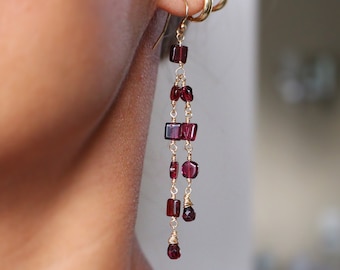 Garnet Earrings, Genuine Rhodolite Garnet Delicate Jewelry, 3" Multigem Dangle Earrings, 14K Gold Fill, Red Gemstone Statement Earrings