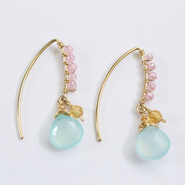 Chalcedony Earrings, Citrine & Pink Cubic Zirconia Gems, 1.1" 14k Goldfill Dainty Threader Multigem Statement Blue Delicate Gemstone Jewelry