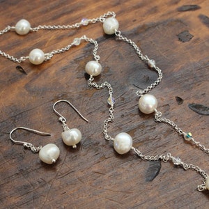 Pearl & Swarovski Necklace, Pearl Earrings Set, Tin Cup Necklace, Sterling Silver, Large Baroque Pearls, Wire Wrap Pearl Jewelry, Delicate