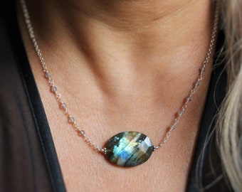 Labradorite Necklace, Faceted Pendant Wire Wrap Sterling Silver Jewelry, Statement Rainbow & Blue Green Flash Labradorite, Adjustable 17"