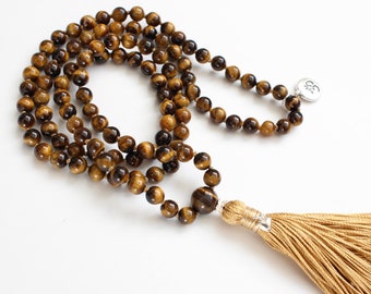 Tiger's Eye Mala, 108 6mm Handknotted Beads, Silk Tassel Necklace, Spiritual Meditation Yoga Jewelry, Boho Layering Festival Fashion