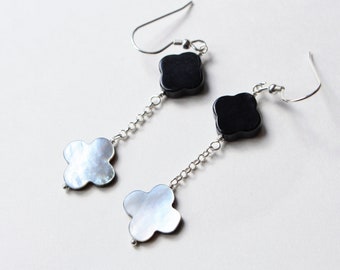 Mother of Pearl & Black Onyx Earrings, Black Lip MOP Clover Sterling Silver Earrings, 2.5 Inch, MOP Shell Jewelry, Single or Double Clover