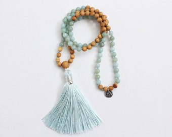 Amazonite & Cedarwood Mala, Handknotted, 108 Bead Mala, Yoga Mala, Meditation Mala, Japa Mala, Tassel Necklace, 6mm Beads, Mermaid Mala