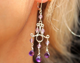 Amethyst Chandelier Earrings, Statement Purple Gemstone Earrings, Sterling Silver 2.6 Inch Length, Pink Amethyst Delicate Chandelier Jewelry