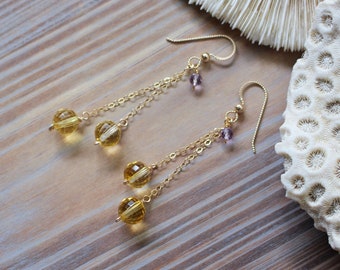 Citrine & Amethyst Earrings, 2.5 Inch 14K GoldFill Delicate Statement Dangle Jewelry, Faceted Citrine Spherical Gemstone Earrings, Wire Wrap
