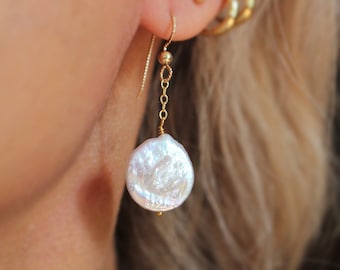 Coin Pearl Earrings, 1.7" 14K Goldfill Delicate Baroque Coin Pearl Earrings, Statement Genuine White Freshwater Coin Pearl Bridal Jewelry