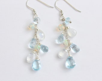 Blue Topaz Earrings, 2.5" Sterling Silver Blue Gemstone Jewelry, Genuine Opal Moonstone Multi Gemstone Delicate Cluster Statement Earrings