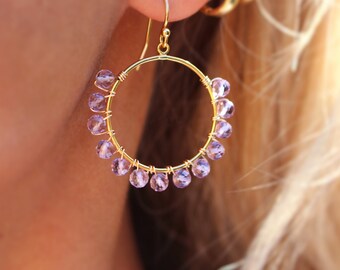 Pink Amethyst Hoop Earrings, 1.3” 14K Goldfill Delicate Wire Wrapped Pink Amethyst Gemstone Hoops, Statement Earrings, Lilac Toned Amethyst