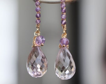 Ametrine Earrings, AAA Grade 7.5 Ct Ametrine, 1.5 Inch 14K GoldFill Delicate Wire Wrap Amethyst Jewelry, Purple Gemstone Statement Jewelry