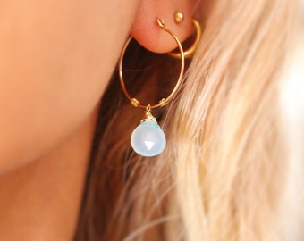 Chalcedony Hoop Earrings, 22mm Diameter, 14K Goldfilled Aqua Chalcedony Gemstone Jewelry, Statement Dangle Hoop Earrings, Delicate Wire Wrap