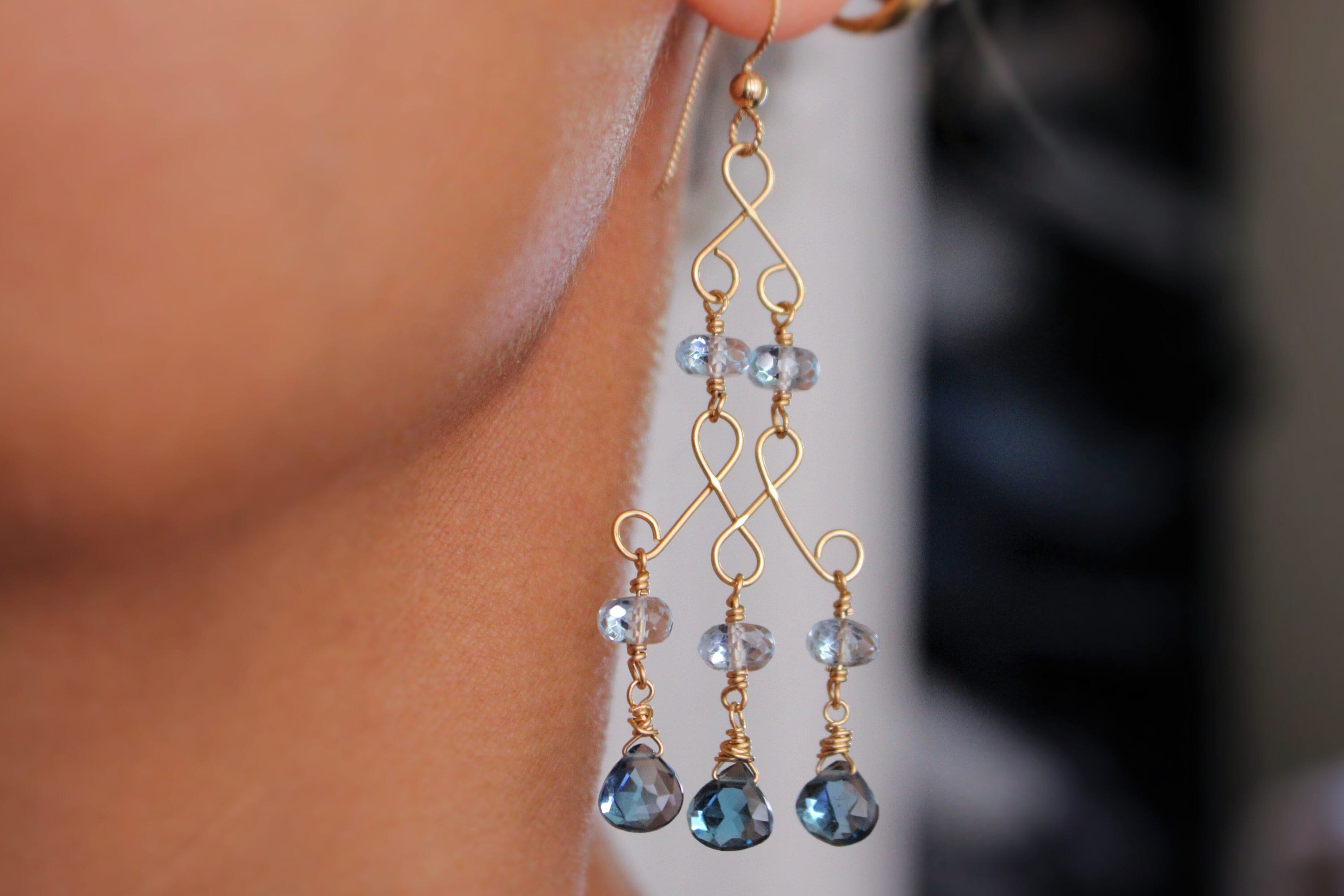 London Blue Topaz 2024 Earrings, Tanzanite Amethyst Chandelier Hoop, 14k gold filled Sterling silver