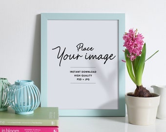 4x5 mockup, Picture frame PSD, Blue Frame, Portrait mockup, Showcase your work, Picture on table, 8x10 Photo frame, Instant download