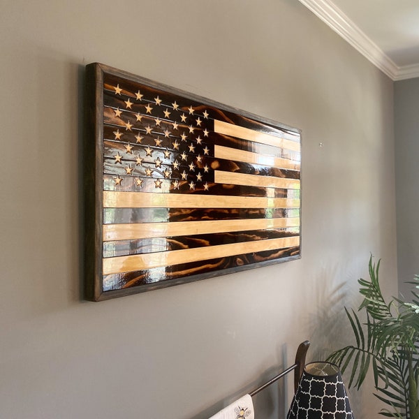 Burned Wood American Flag - Framed - Large