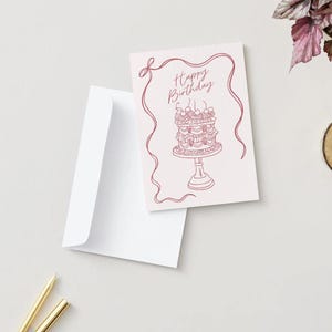 Carte d'anniversaire rose et rouge à imprimer | Noeuds et gâteaux mignons | Carte numérique esthétique | Bricolage | Téléchargement instantané