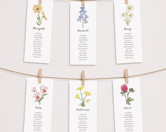 Bordsplankort med vildblommor för bröllop - redigerbar mall - handillustrerad (digital fil)