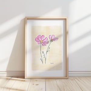 Illustration de fleur de cosmos avec arrière-plan - impression/affiche - art botanique, décoration d'intérieur printemps/été, impression de fleurs, art mural sans cadre.