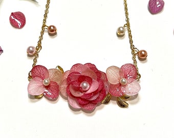 Camellia necklace, real pressed flower, natural floral jewelry, dried preserved flowers, handmade, unique, small gifts red pink