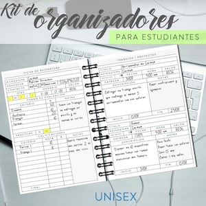 Puede incluir: Un planificador blanco y negro con un título verde que dice "Kit de organizadores para estudiantes". El planificador tiene una sección para asignaciones, una sección para proyectos y una sección para notas. El planificador está diseñado para ayudar a los estudiantes a mantenerse organizados y en el camino correcto.