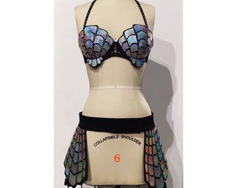Holographic Mermaid Outfit (Black Rainbow) | Rave Costume | EDC Outfit | Mermaid Bra | Burning Man Costume | Festival Outfit