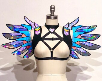 Holographic Cosplay Wings | Mercy Overwatch Wings | Iridescent Angel Wings | Cyberpunk | Fantasy | Festival Costume | Anime | Rave | Harness