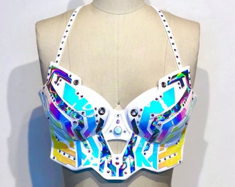 Holographic Electra Bra (White) | Rave Outfit | Festival Bra | Cyberpunk Costume | Tron | Burning Man | Drag Queen Costume