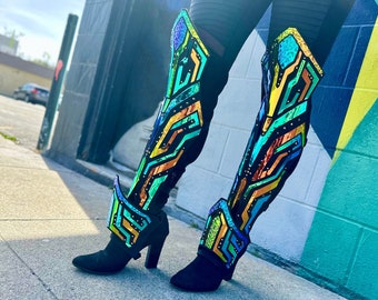 Resistor Armor Greaves | Holographic Leg Armor | Shin Guards | Cyberpunk Cosplay | Futuristic | Rave Outfit | Festival Wear | Unisex |