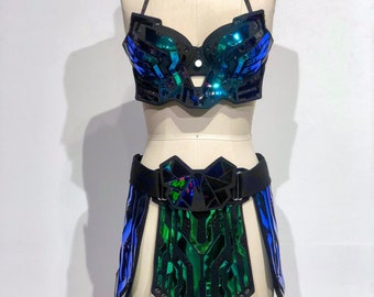 Holographic Electra Costume (Cerulean/Oil-Slick) | Rave Outfit | Cyberpunk Costume | Tron | Cyborg | Circuitry | Futuristic | Festival