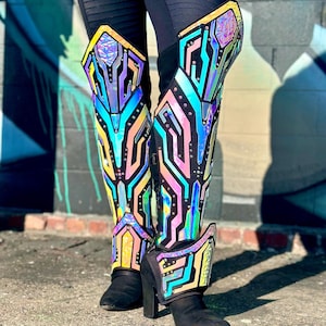Resistor Armor Greaves | Holographic Leg Armor | Shin Guards | Cyberpunk Cosplay | Futuristic | Rave Outfit | Festival Wear | Unisex |