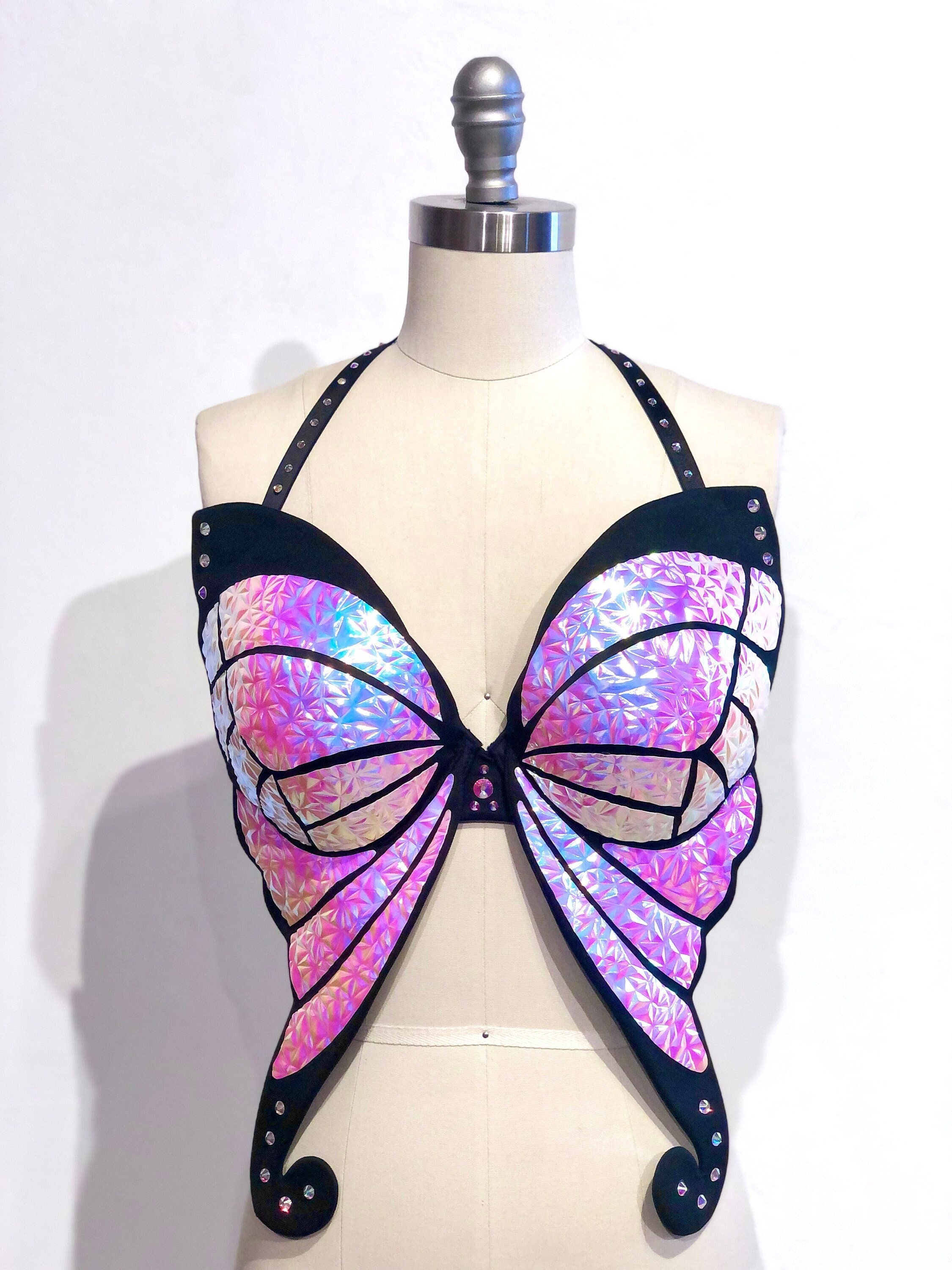 Black Holographic Butterfly Bra Rave Outfit Festival Bra Butterfly Costume  Burning Man Drag Queen Costume Pride Carnival -  Polska