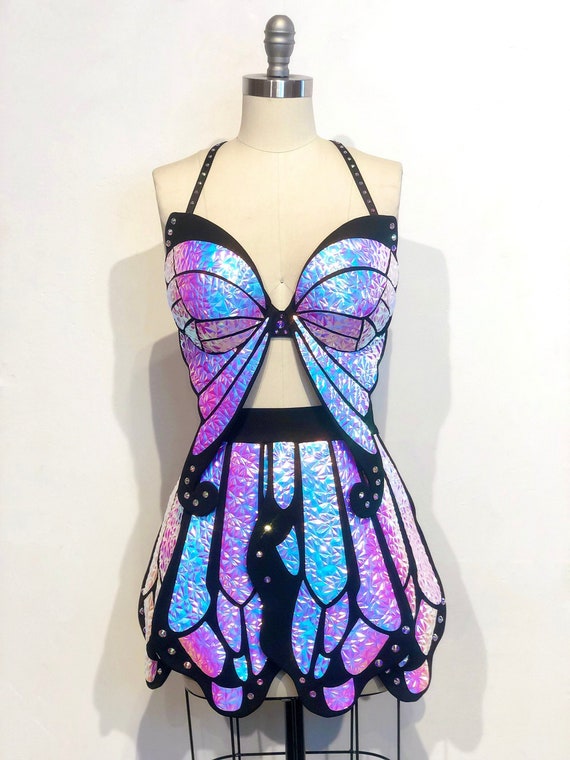 Holographic Butterfly Outfit Full Coverage black Opal Rave Outfit Skirt Bra  Butterfly EDC Festival Outfit Halloween Costume 