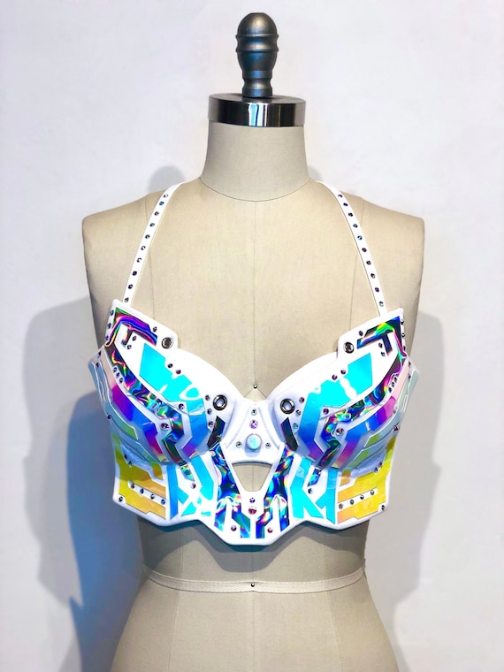 Holographic Electra Bra white Rave Outfit Festival Bra Cyberpunk Costume Tron Burning Man Drag Queen Costume Etsy Canada